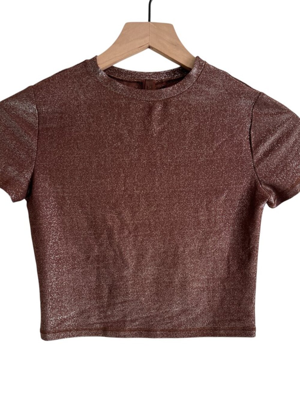 Skims Brown Shimmer Metallic Short Sleeve Cropped Baby Tee